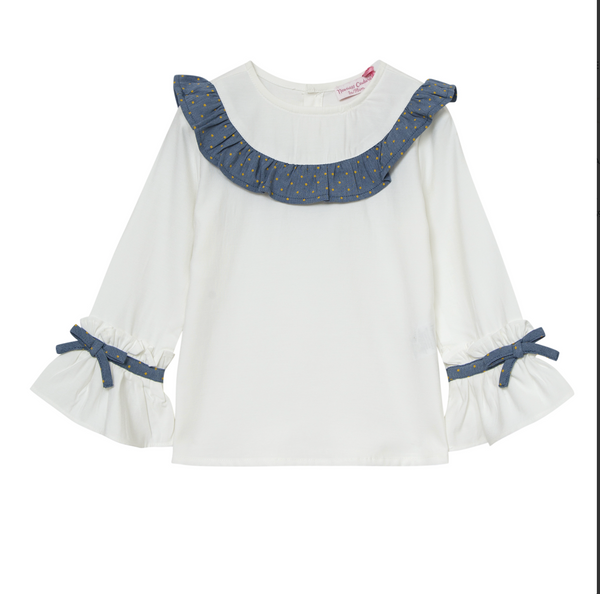 Conjunto dos piezas falda azul con faldon estampado oro y blusa blanca con detalles azules para niña | Newness