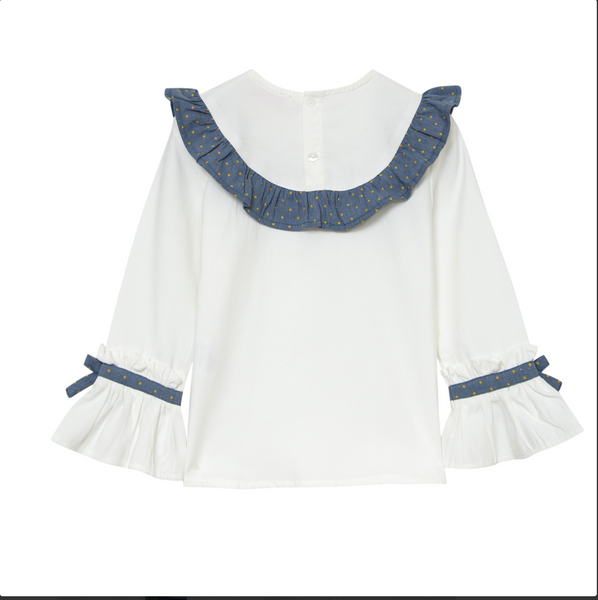 Conjunto dos piezas falda azul con faldon estampado oro y blusa blanca con detalles azules para niña | Newness