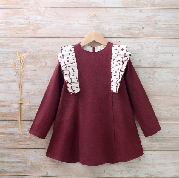 Vestido color tinto con detalles de olanes en blanco con puntos tintos para niña | Dadati