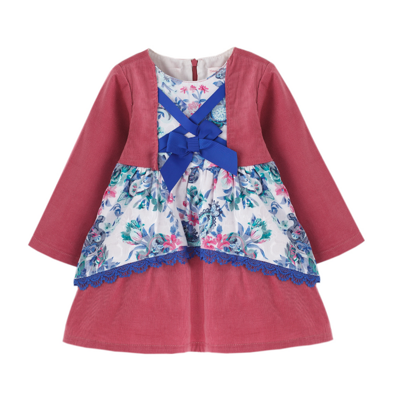 ❤️ Conjunto de blusa blanca con detalles rojos y falda azul floreada con  olan rojo para niña, Newness