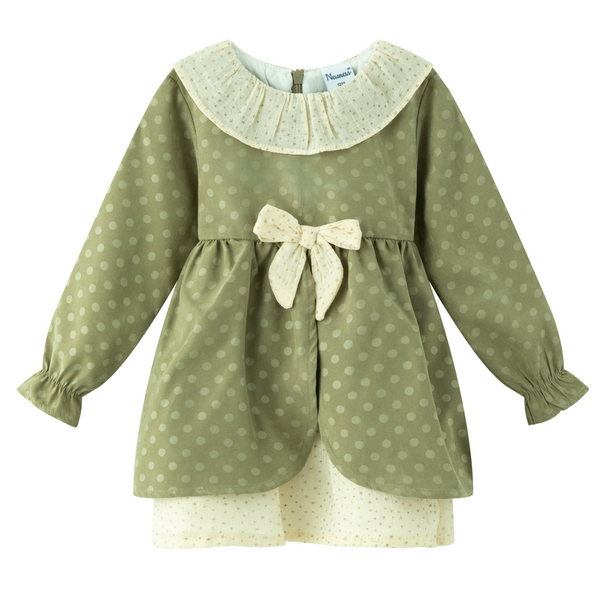 Vestido verde con lunares  manga larga  combinadocon con lazo al frente color perla para bebe niña | Newness