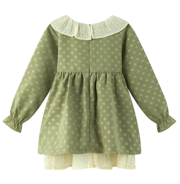 Vestido verde con lunares  manga larga  combinadocon con lazo al frente color perla para bebe niña | Newness