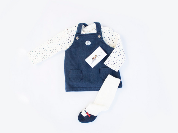 Conjunto tres piezas  camiseta color crudo con lunares y pichi azul para bebe niña | Losan