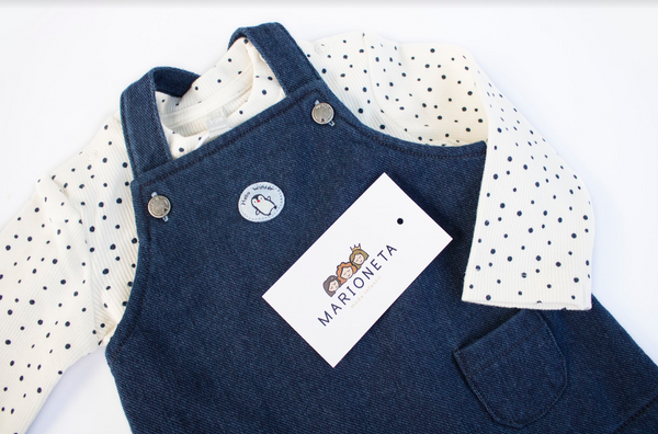 Conjunto tres piezas  camiseta color crudo con lunares y pichi azul para bebe niña | Losan