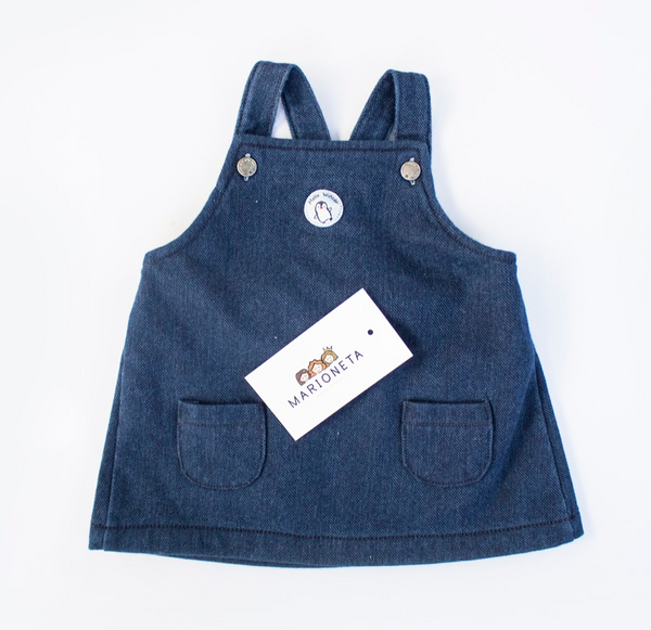 Conjunto tres piezas  camiseta color crudo con lunares y pichi azul para bebe niña | Losan