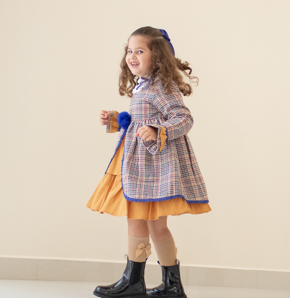 Vestido cuadros azul y marron con detalles azul rey para niña | Newness