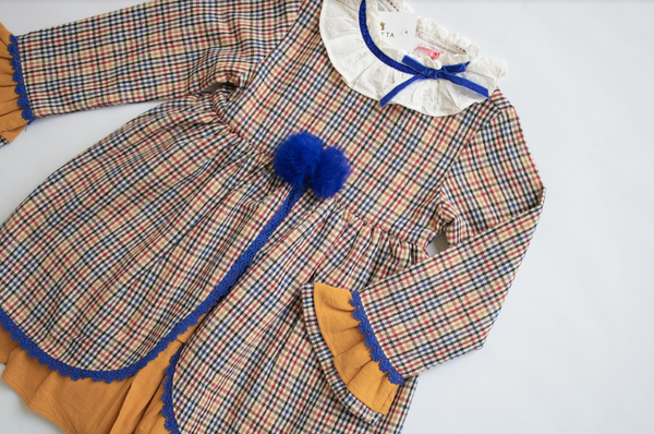 Vestido cuadros azul y marron con detalles azul rey para niña | Newness