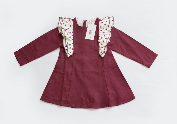Vestido color tinto con detalles de olanes en blanco con puntos tintos para niña | Dadati