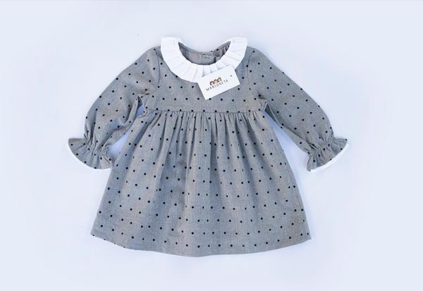 Vestido color gris con lunares y cuello blanco para niña | Losan