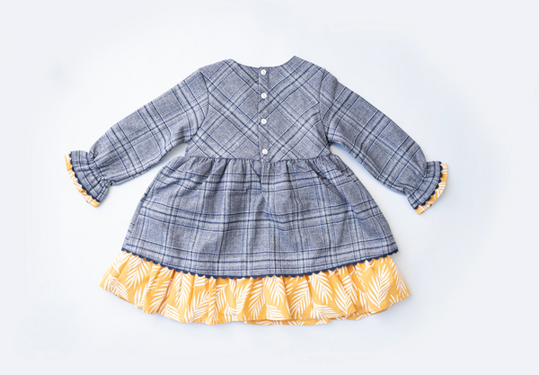 Vestido de fiesta combinado cuadros marinos y detalles en estampado amarillo para  bebe niña |Newness