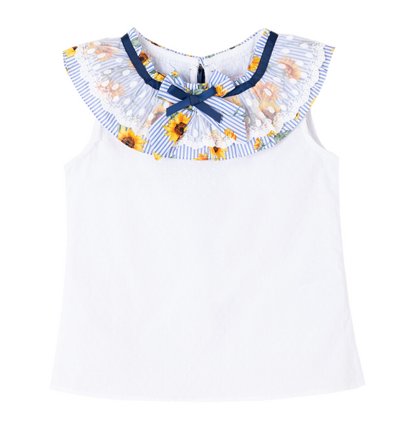 Conjunto de niña dos piezas blusa blanca con cuello estampado de girasoles y falda estampada para niña |Newness