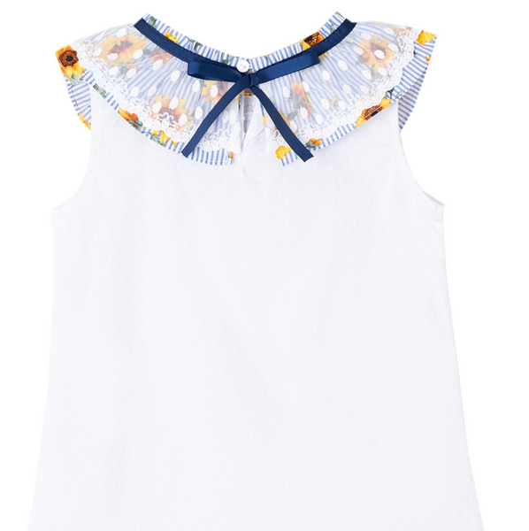 Conjunto de niña dos piezas blusa blanca con cuello estampado de girasoles y falda estampada para niña |Newness