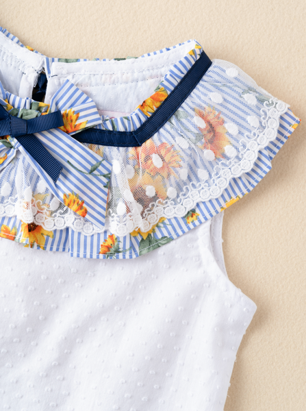 Conjunto de niña dos piezas blusa blanca con cuello estampado de girasoles y falda estampada para niña |Newness