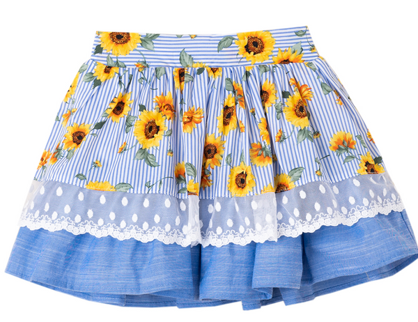 Conjunto de niña dos piezas blusa blanca con cuello estampado de girasoles y falda estampada para niña |Newness