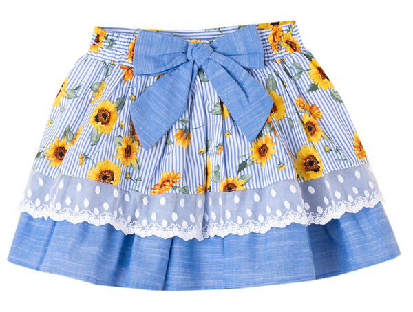 Conjunto de niña dos piezas blusa blanca con cuello estampado de girasoles y falda estampada para niña |Newness