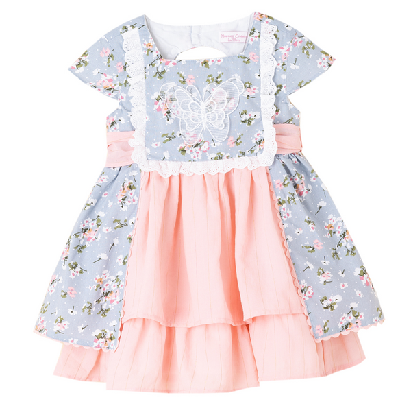 Vestido estampado salmon y azul con flores para niña | Newness