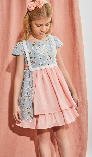 Vestido estampado salmon y azul con flores para niña | Newness
