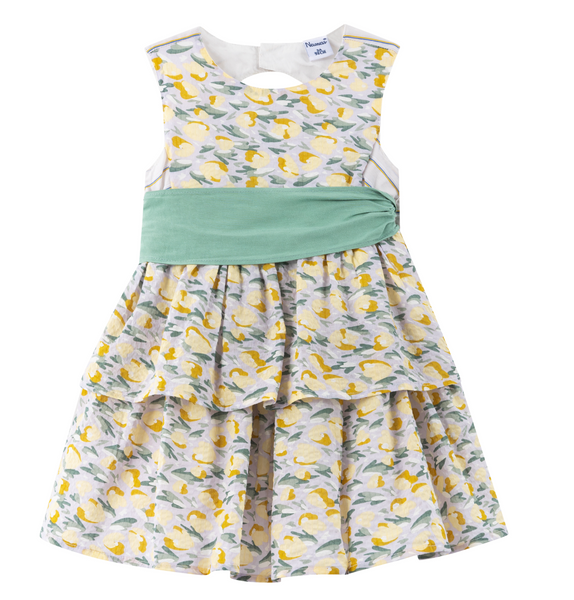 Vestido estampado con cinturón verde, doble olán para niña | Newness