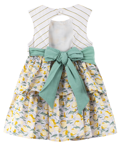 Vestido estampado con cinturón verde, doble olán para niña | Newness
