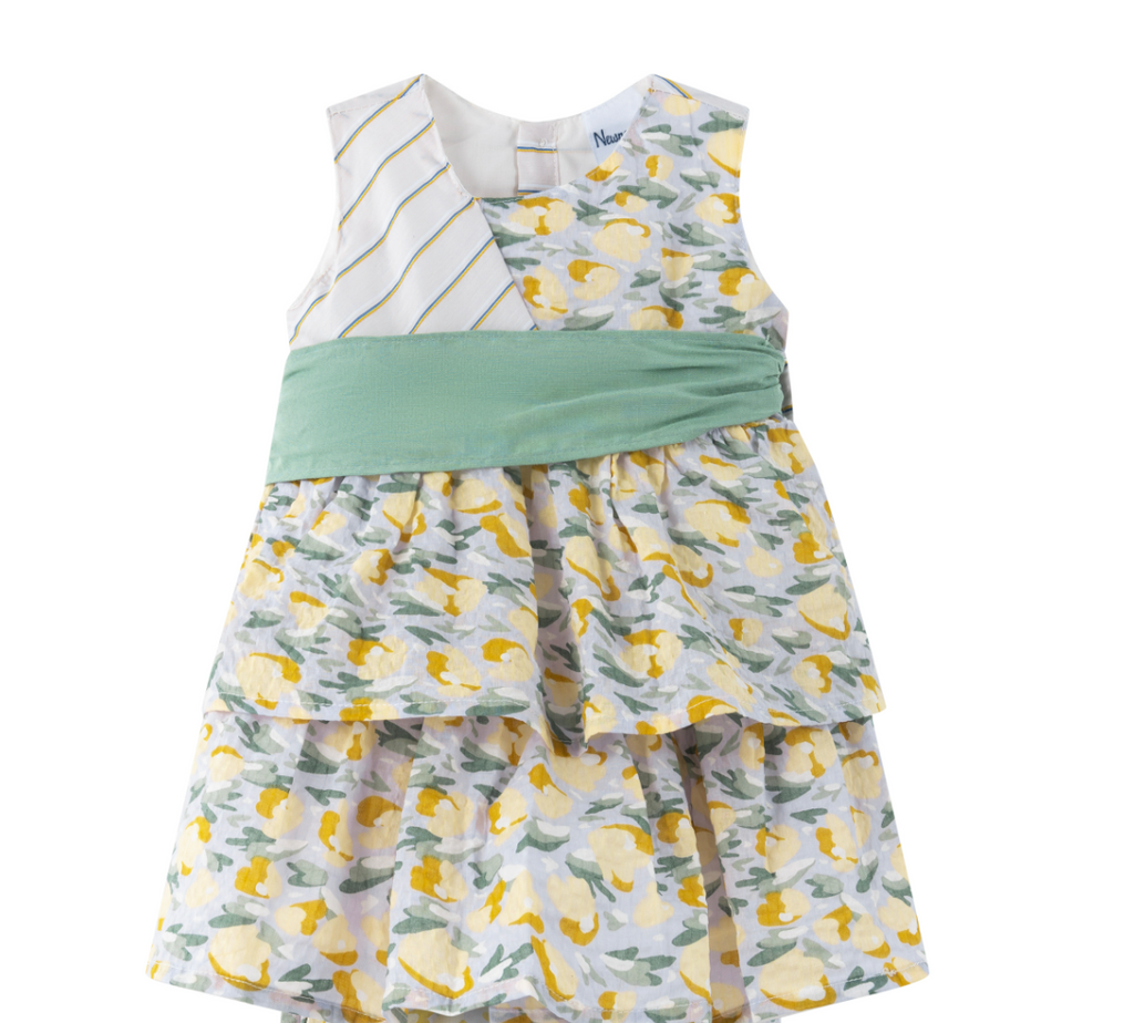 Vestido verde estampado con amarillo y blanco sin manga, para bebe niña | Newness