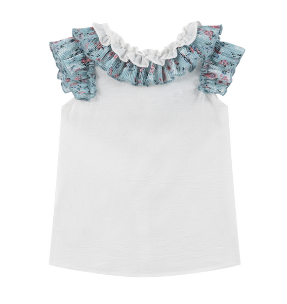 Conjunto de niña blusa blanca con volante estampado y falda estampada azul, para niña | Newness
