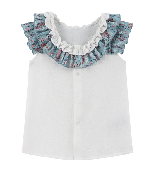 Conjunto de niña blusa blanca con volante estampado y falda estampada azul, para niña | Newness