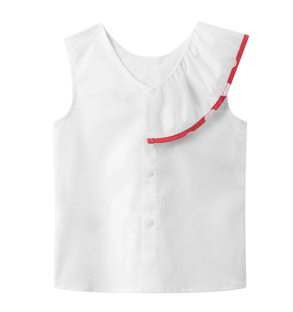 ❤️ Conjunto de blusa blanca detalles rojos y falda azul floreada con olan rojo para niña | Newness | Marioneta moda.