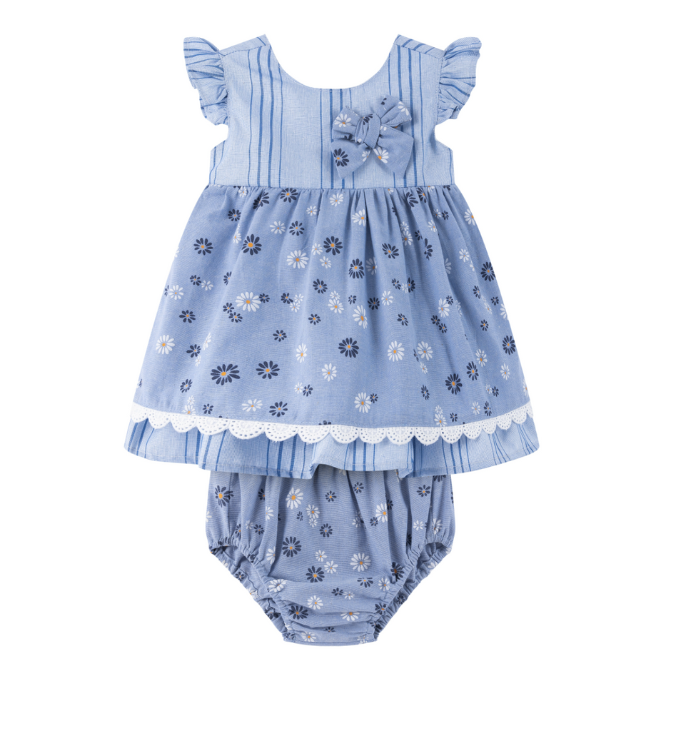 Vestido azul estampado con lazo al frente para bebe niña | Newness