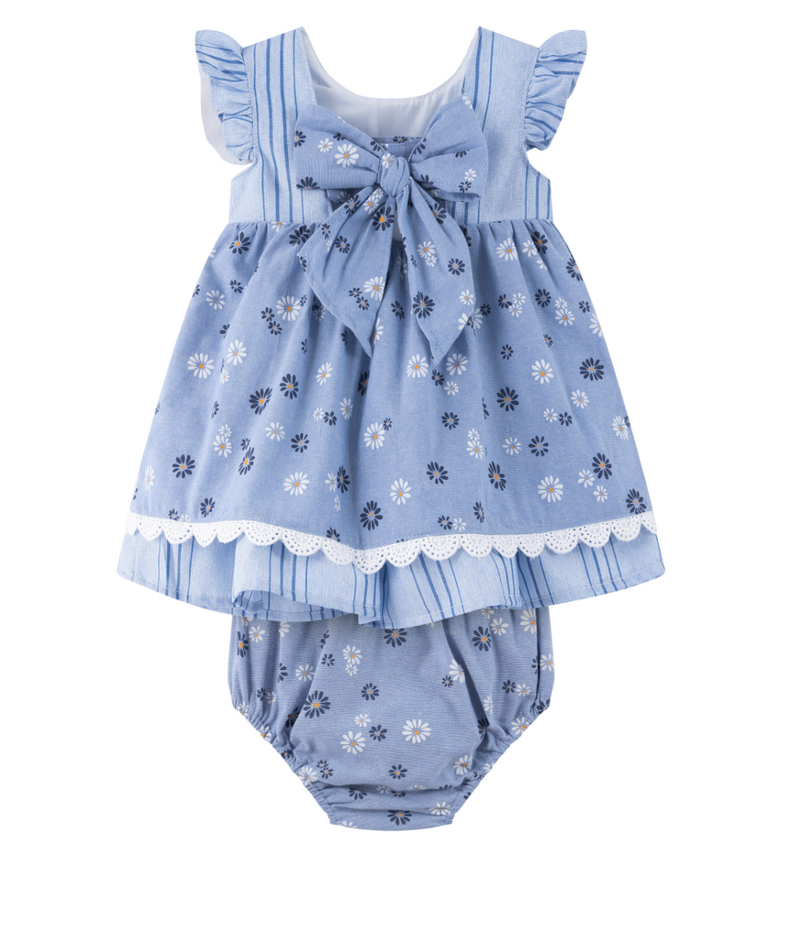 Vestido azul estampado con lazo al frente para bebe niña Newness