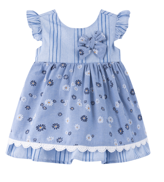 Vestido azul estampado con lazo al frente para bebe niña | Newness