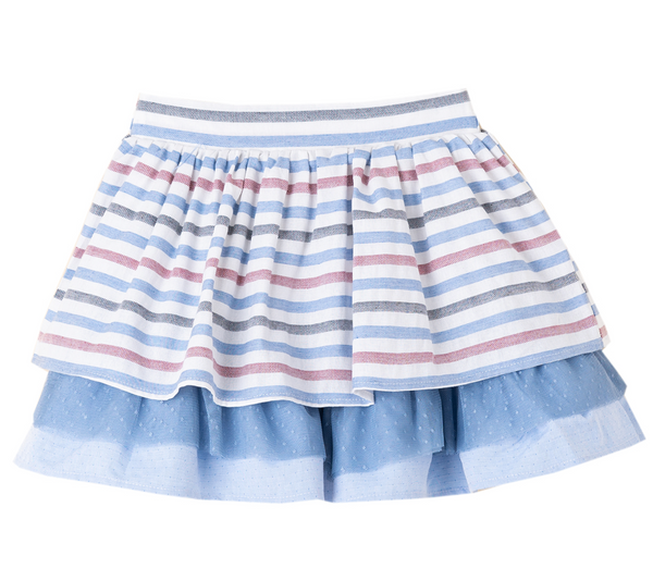Conjunto de blusa blanca con detalles al frente y falda a rallas con olan de tul para niña | Newness