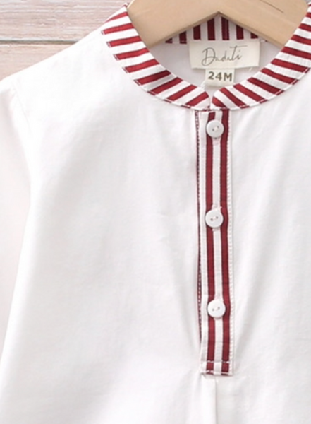 Conjunto dos piezas camisa blanca y pantalon corto a rayas granate para bebe niño | Dadati