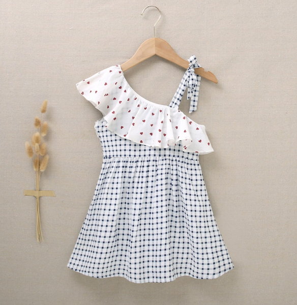 Vestido cuadros marino y blanco  con volante blanco de corazones para niña | Dadati