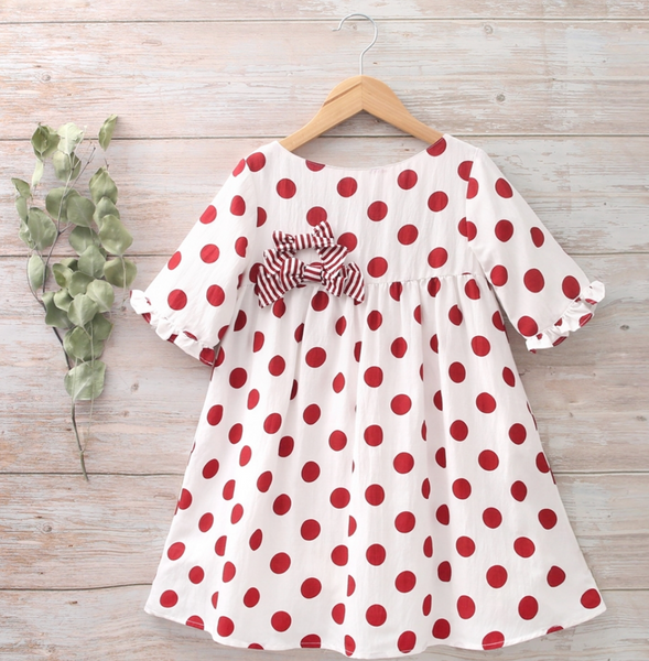 Vestido color blanco con topos granate con detalle en mangas para niña | Dadti