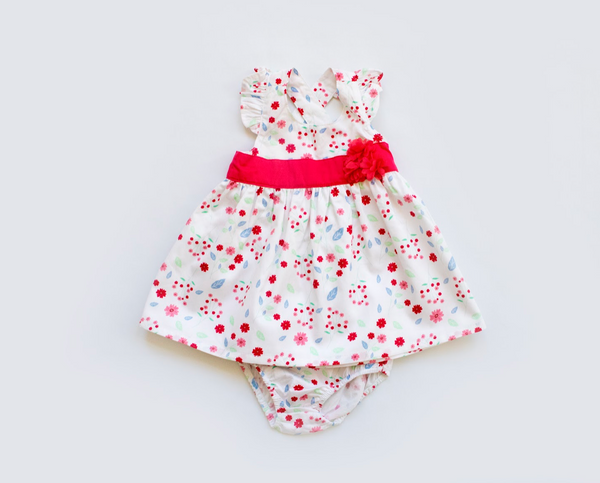Vestido y braguita color blanco estampado con rosa para bebe niña | Losan