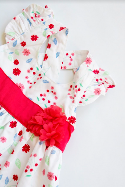 Vestido y braguita color blanco estampado con rosa para bebe niña | Losan