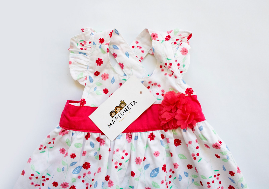 Vestido y braguita color blanco estampado con rosa para bebe niña | Losan