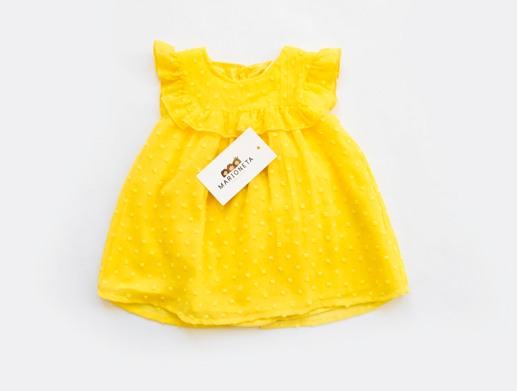 Vestido de plumiti y braguita color amarillo para bebe niña  | LOSAN