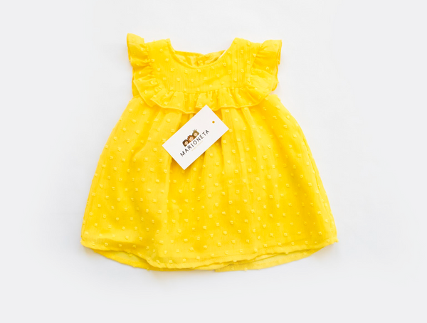 Vestido de plumiti y braguita color amarillo para bebe niña  | LOSAN