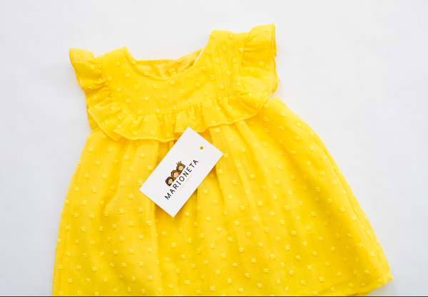 Vestido de plumiti y braguita color amarillo para bebe niña  | LOSAN