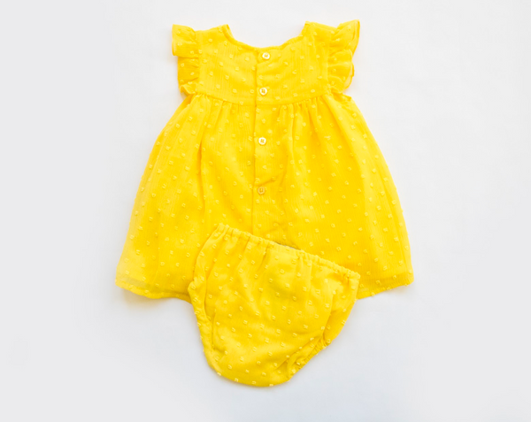 Vestido de plumiti y braguita color amarillo para bebe niña  | LOSAN