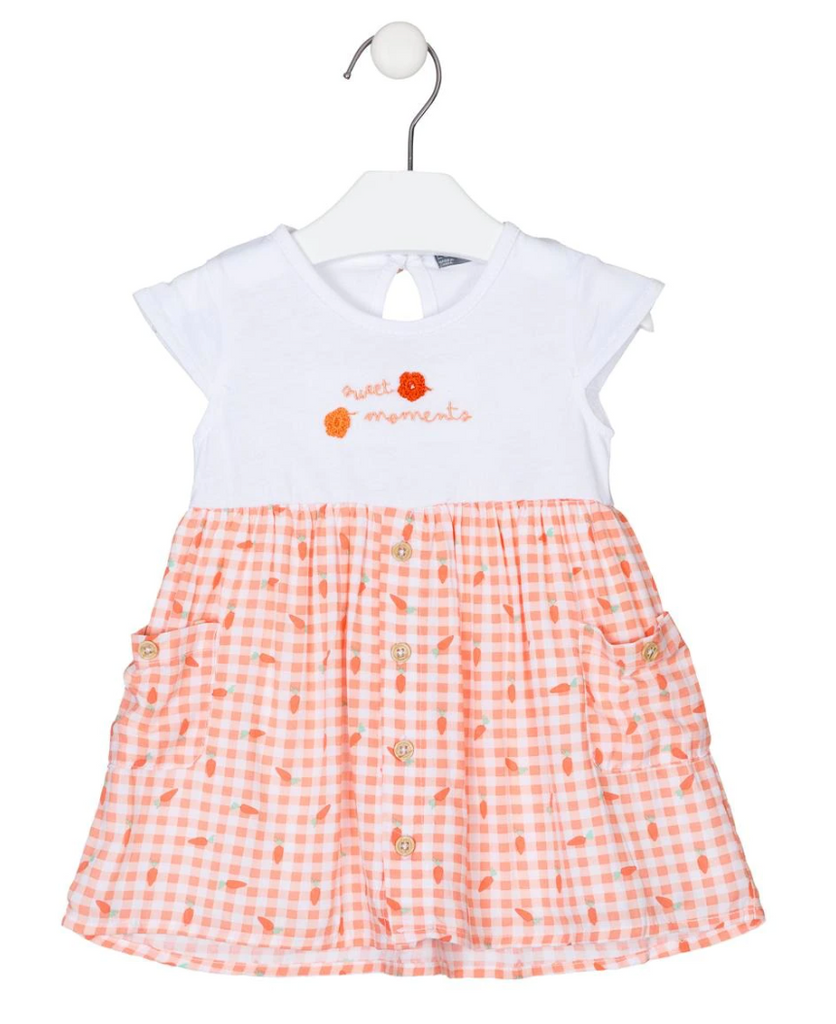 Vestido de manga corta en voile color blanco con estampado naranja para bebe niña | LOSAN