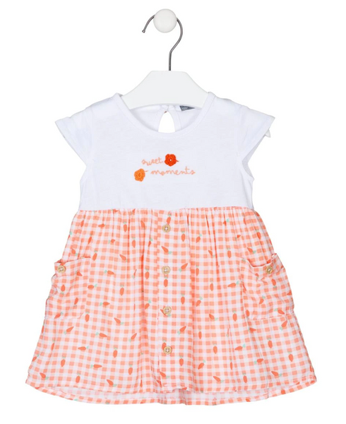Vestido de manga corta en voile color blanco con estampado naranja para bebe niña | LOSAN