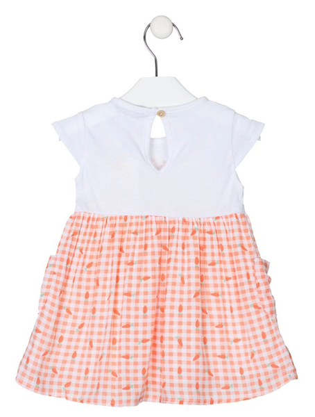 Vestido de manga corta en voile color blanco con estampado naranja para bebe niña | LOSAN