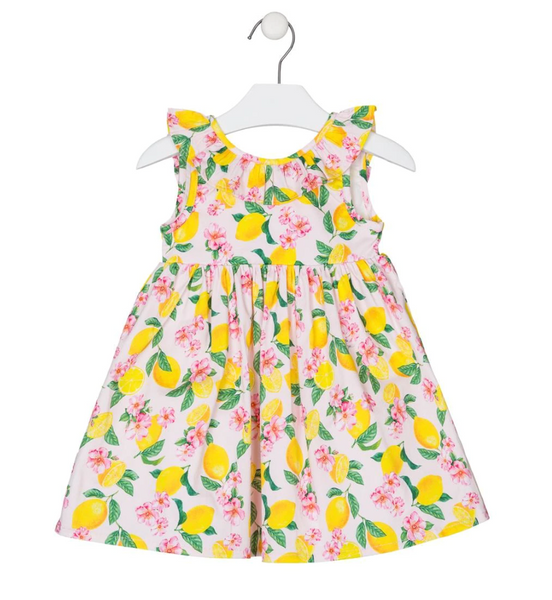 Vestido estampado color amarillo y verde  sin manga para niña | LOSAN