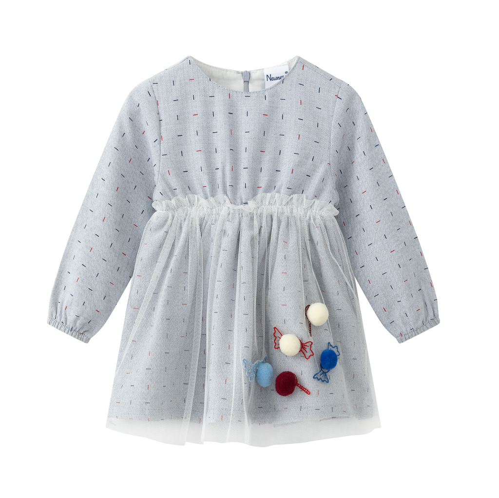 Vestido gris manga larga con falda de tul y detalle de caramelos color gris para bebe nina Newness