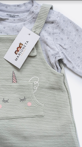 Conjunto tres piezas, camiseta estampada y pichi color pistache unicornio al frente y mayas, para bebe niña | LOSAN