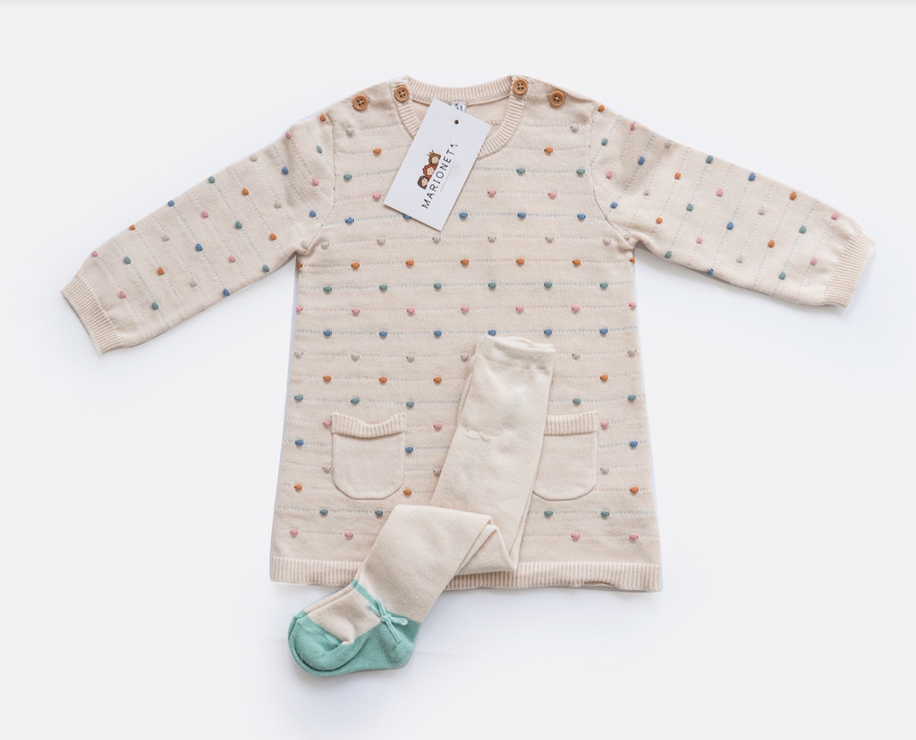 Conjunto vestido  tejido con puntos y mayas para bebe niña | LOSAN