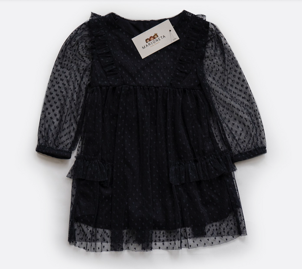 Vestido de manga larga de tul color marino claro para niña | LOSAN