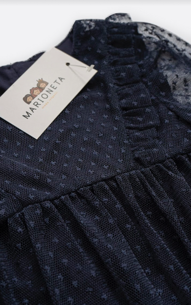 Vestido de manga larga de tul color marino claro para niña | LOSAN
